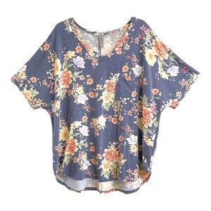 Honeyme Blue Soft Short Sleeve Floral Boxy Blouse XXL